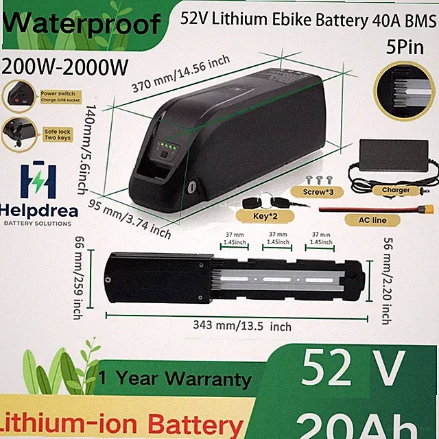 52V Hailong Lithium Ebike Battery for 200-2000W Electric Bike Bicycle Motor 5Pin