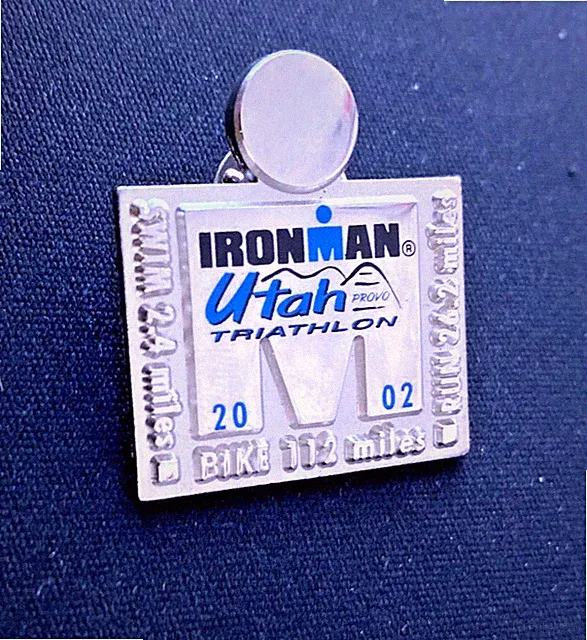 Vintage 2002 Ironman Triathlon Utah Provo Snap Pin 1x1" Swim Bike Run Silver